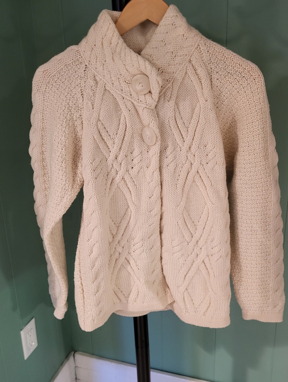 Heavy Cream Cable Knit, Merino Wool Cardigan, SM, Aran Crafts of Ireland
